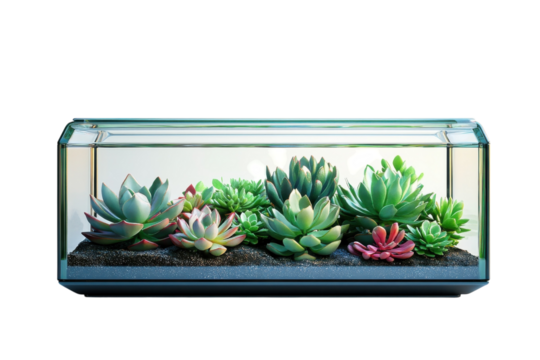 Serene Glass Terrarium with Lush Succulents a Modern Minimalist Home Decor Piece showcasing vibrant greens subtle textures and soft on transparent background