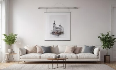 Bright living room, poster hanging with metallic clips on a white wall , photo mockup, poster design, interior