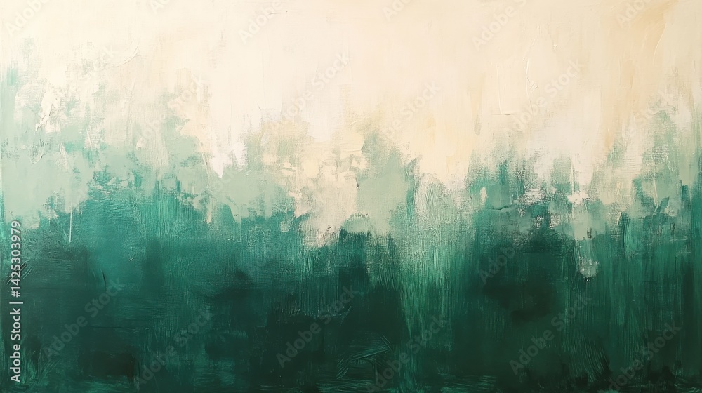 Poster abstract painting featuring smooth brush strokes of blending green shades and lighter neutral colors