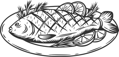 Fried fish served on platter in hand drawn black and white sketch style