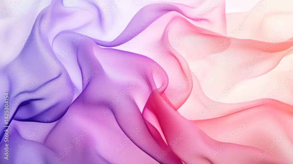 Poster flowing fabric with lavender to coral gradient, sheer textile waves in ethereal softness