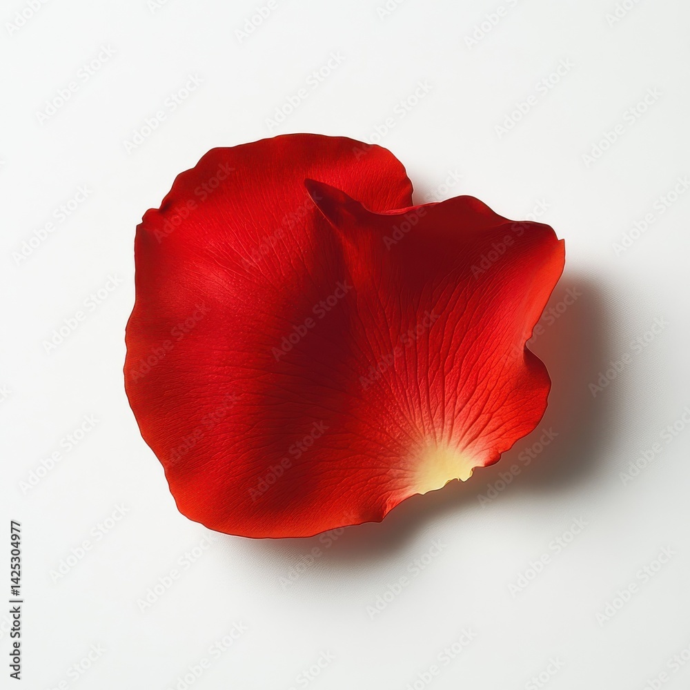 Poster a vibrant red rose petal with soft edges lying flat against a plain white background, showcasing int