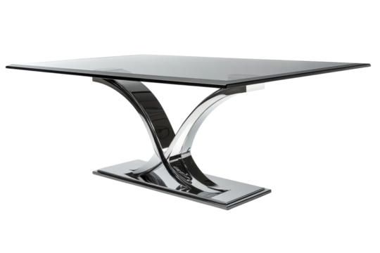 Sleek Modern Glass Dining Table with Polished Chrome Y Shaped Base Elegant rectangular glass top reflecting light beautifully perfect for on transparent background