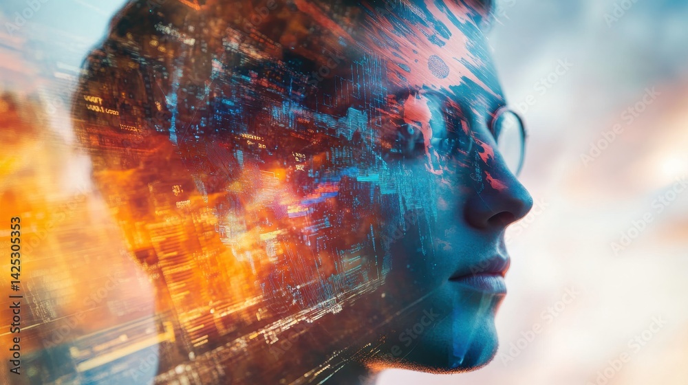 Leinwandbilder futuristic profile view of a person with a circuit board overlay, evoking technology and artificial 