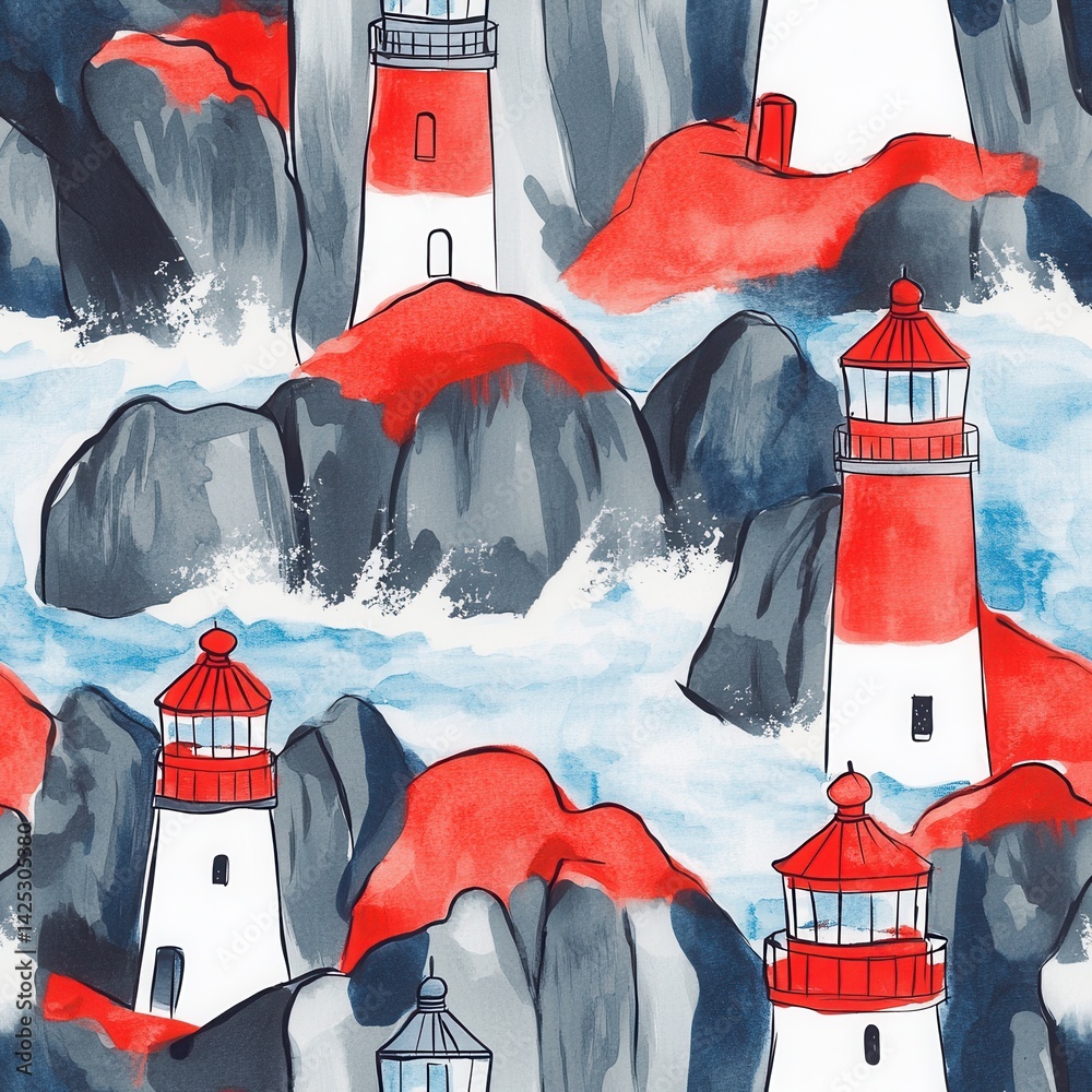 Poster whimsical lighthouse watercolor pattern with red roofs and rocky coasts in a repeating design