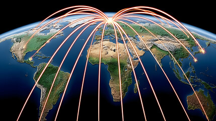 Global connections: a vibrant web of communication linking continents, showcasing a world united through a radiant network with a detailed earth map backdrop.