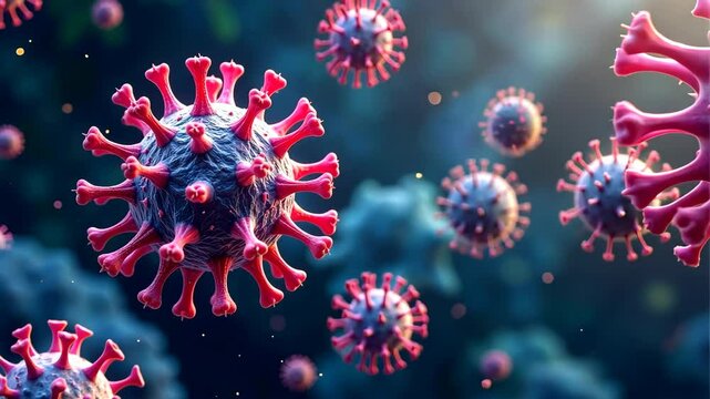 Microscopic view of infectious disease agents floating in a vibrant, dynamic environment