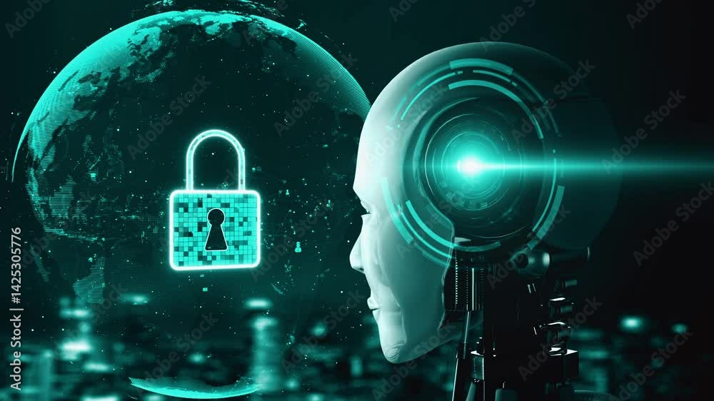 Poster ai robot huminoid uses cloud computing technology to store data on online server . futuristic concep