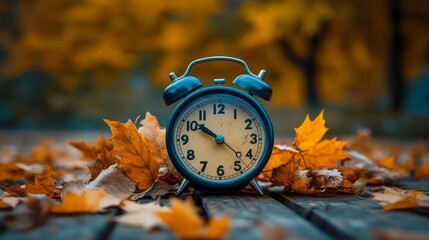 Vintage alarm clock sits on wooden surface amidst fallen autumn leaves.