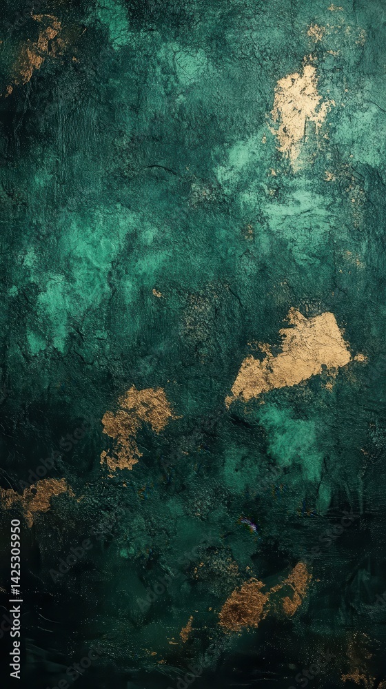 Poster textured abstract background in deep emerald green with gold leaf accents