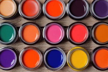 Colorful Arrangement of Nail Polish Jars on a Wooden Surface