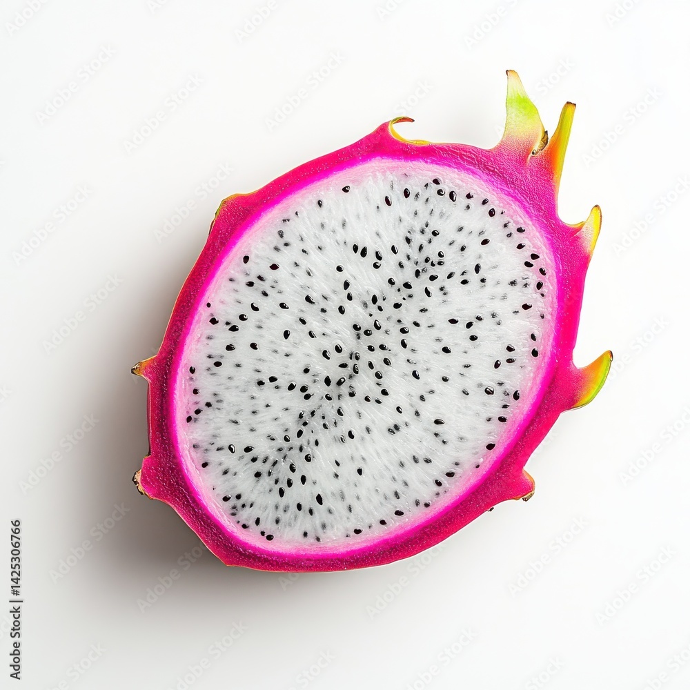 Aufkleber Close-up of a Vibrant Dragon Fruit Slice Displaying its Unique Texture and Color Against a Plain Background
