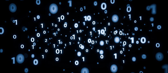 Abstract image of binary number. Abstract binary code pattern with floating digits zero and one, digital data visualization, technology background, computer science concept, programming