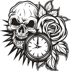Skull with a clock and a rose tattoo design