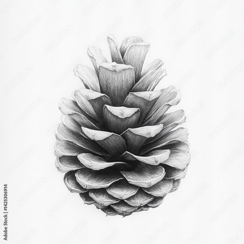 Poster Intricate Pencil Drawing of a Pinecone with Overlapping Scales and Detailed Texture on a White Background for Botanical Art