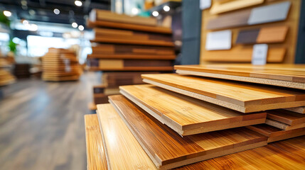 Obraz premium Close-up of consultant presenting bamboo flooring samples in a store