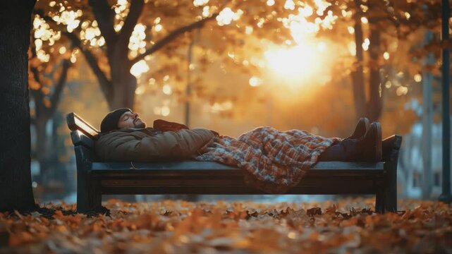 Autumn Serenity: A solitary figure finds respite on a park bench, enveloped in the golden embrace of autumn. Leaves blanket the ground as the warm sun casts a soft glow.
