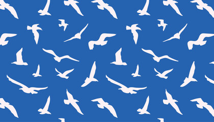 white seagulls on the isolated blue background, hand drawn, seamless pattern, modern, ornament, summer cover, background, decoration for textile, fabric, print, wrapping paper, wallpaper, vector