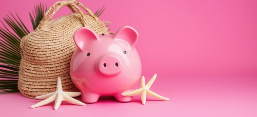 Pink Piggy Bank with Straw Bag and Starfish on Pink Background