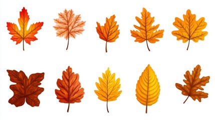 Fototapeta premium Collection of autumn leaves in various colors and shapes, isolated on white background.