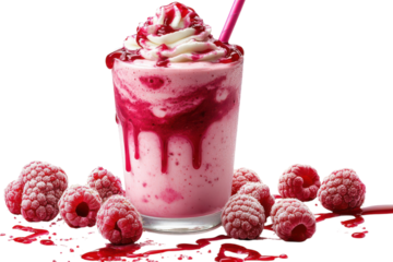 Indulge in a luscious raspberry milkshake creamy swirls of pink perfection drizzled with a sweet raspberry sauce fresh on transparent background