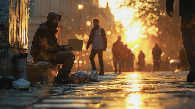 Urban Poverty: A lone figure sits on the sidewalk during sunset, surrounded by the blurred movement of city life, highlighting the stark reality of homelessness and social inequality.