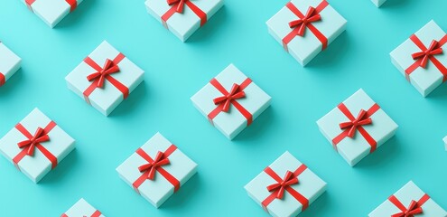 Obraz premium Stylish Blue Gifts with Red Ribbons on Bright Turquoise Background