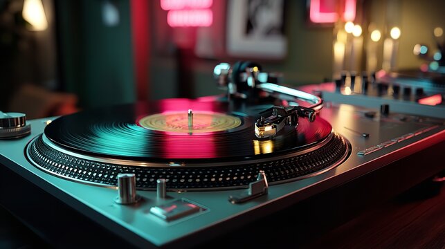3D Rendering of a Turntable with Vinyl Record and Neon Lights in a Dark Club, Close-Up of Needle and Grooves, DJ Nightlife Concept