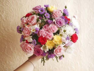 A woman shows a bouquet of flowers she just received, close-up, stock photo.