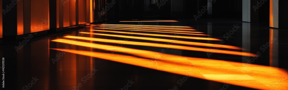 Poster cinematic hallway with golden light streaks on a dark floor, creating a dramatic and abstract visual