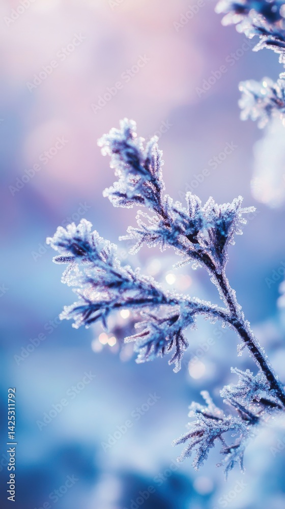 Poster enchanting winter's embrace: frost-kissed twig sparkling against a soft gradient backdrop