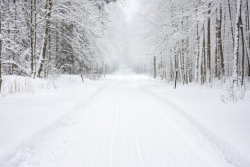 Obraz premium Serene Winter Road Surrounded by Snow-Covered Trees in a Forest