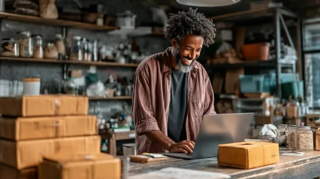 A man wearing a shirt is seen using a laptop and stacking cardboard boxes on a table, suggesting that this is a home workplace or small business. 