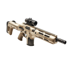 Modern rifle with optical sight displayed on a plain background emphasizing details of the design and finish