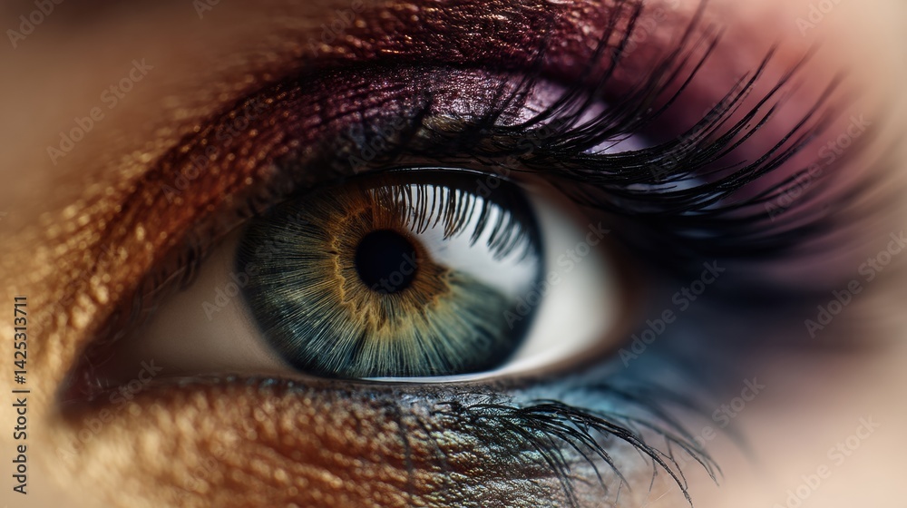 Poster detailed shot of a human eye featuring vibrant reflections and abstract makeup colors creating a str