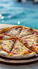 Isolated pizza on wooden plate by the beach with crystal blue sea background in golden hour lighting, realistic photo, magazine quality