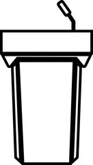 Podium of tribune with microphone icon in line. Rostrum stand with microphone for conference debates, trophy isolated on transparent background