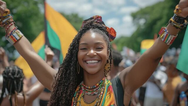Joyful Expression of Identity: A radiant individual of African descent expresses joy and pride, her arms raised in a gesture of elation amid a vibrant celebration of heritage and culture.