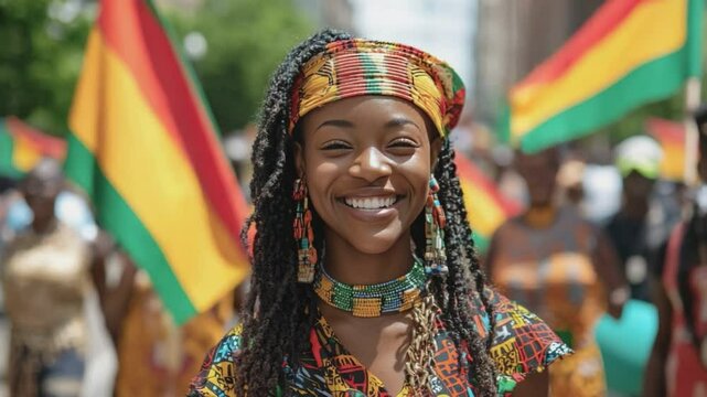 Smiling Woman in Traditional African Attire: A radiant young woman with long braids smiles warmly, wearing vibrant traditional African clothing and jewelry, during a lively cultural celebration.