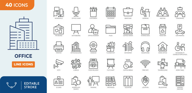 Office line editable icon set. Contains icons related to office, workspace, coworking. Vector illustration. Editable stroke	
