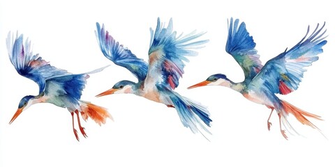 Fototapeta premium World Migratory Bird Day Colorful watercolor birds in flight with blue and orange feathers