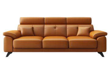 Elegant tan leather sofa with three plush seats and decorative stitching perfect for modern living rooms on a clean black background on transparent background
