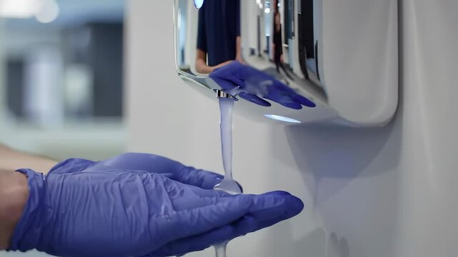 Person with Blue Medical Gloves Using a Touchless Soap Dispenser in a Clean and Modern Washroom Environment