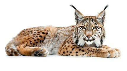 Fototapeta premium A captivating lynx with tufted ears and spotted fur rests against a bright white background, its gaze direct and intense. Wild and beautiful.