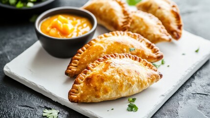 Delicious homemade empanadas with mango salsa on white plate National Empanada Day