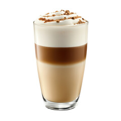 Delicious layered coffee beverage with whipped cream and cocoa powder topped at a cozy cafe