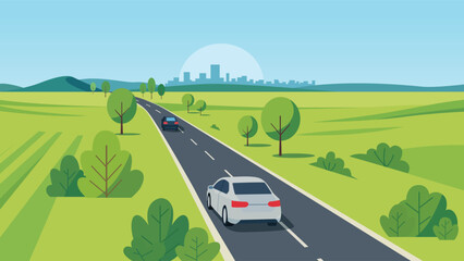 Countryside road leading to a distant city, with cars driving through green fields, rolling hills, and stylized trees under a clear blue sky.