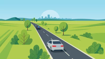 Fotobehang Auto Countryside road leading to a distant city, with cars driving through green fields, rolling hills, and stylized trees under a clear blue sky.  © vvadyab
