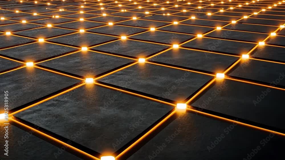 Poster geometric pattern of glowing lights on dark tiles.