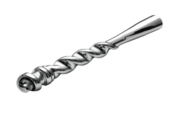 Elegant twisted silver bar spoon cocktail mixing tool upscale barware premium quality reflective surface isolated on black background on transparent background